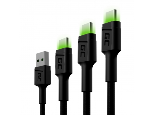 Set 3x Kabel USB-C Typ C 30cm, 120cm, 200cm LED Green Cell Ray med snabbladdning, Ultra Charge, Quick Charge 3.0