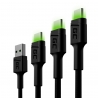 Set 3x Kabel USB-C Typ C 30cm, 120cm, 200cm LED Green Cell Ray med snabbladdning, Ultra Charge, Quick Charge 3.0