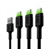 Set 3x Kabel USB-C Typ C 120cm LED Green Cell Ray med snabbladdning, Ultra Charge, Quick Charge 3.0
