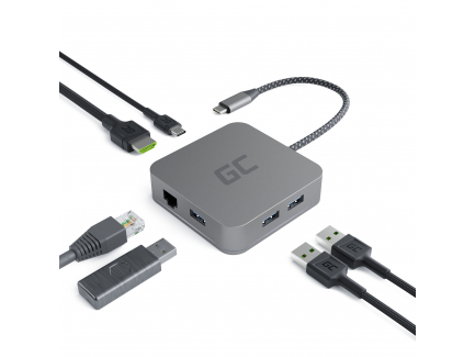 Adapter HUB USB-C Green Cell 6i1  3xUSB 3.0 HDMI 4K Ethernet 1Gbps