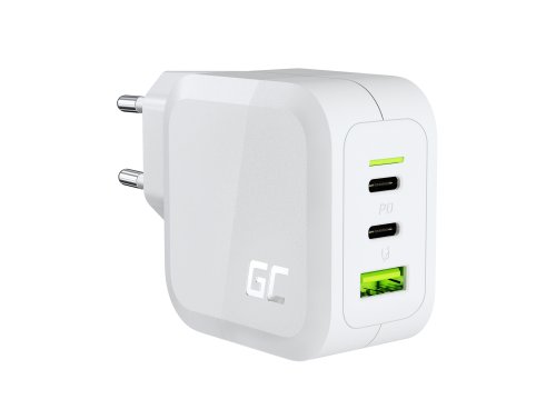 Green Cell Vit Nätladdare 65W GaN GC PowerGan för Bärbar dator, MacBook, Iphone, Surfplatta, Nintendo Switch - 2x USB-C 1x USB-A