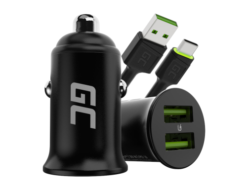 Green Cell Billaddare USB PowerRide Nano36, 2x USB-A, 36W med snabbladdning Ultra Charge + LED Kabel USB-C 120cm