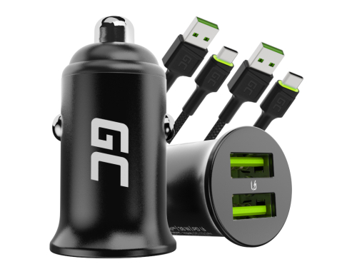 Green Cell Billaddare USB PowerRide Nano36, 2x USB-A, 36W med snabbladdning Ultra Charge + 2x LED Kabel USB-C 120cm
