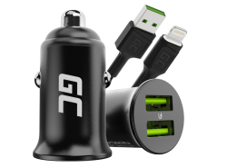 Green Cell Billaddare USB PowerRide Nano36, 2x USB-A, 36W med snabbladdning Ultra Charge + LED Kabel Lightning 120cm