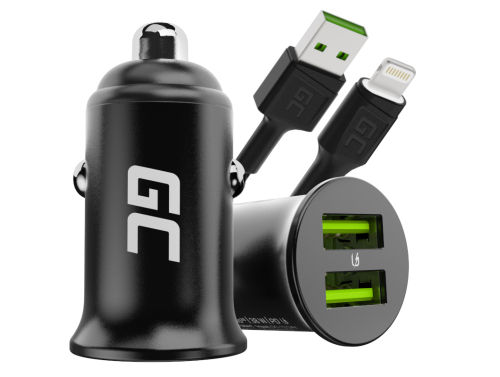 Green Cell Billaddare USB PowerRide Nano36, 2x USB-A, 36W med snabbladdning Ultra Charge + LED Kabel Lightning 120cm