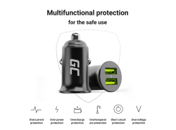 Green Cell Billaddare USB PowerRide Nano36, 2x USB-A, 36W med snabbladdning Ultra Charge + LED Kabel Lightning 120cm