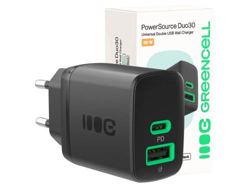Green Cell PowerSource Duo30 USB/USB-C-laddare, svart, 30 W Power Delivery-strömadapter