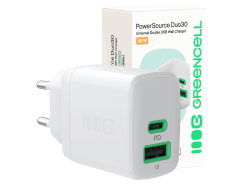 Green Cell PowerSource Duo30 USB/USB-C-laddare, vit, 30 W Power Delivery-strömadapter