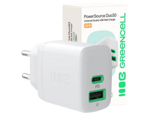 Green Cell PowerSource Duo30 USB/USB-C-laddare, vit, 30 W Power Delivery-strömadapter