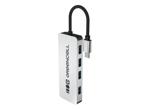 Adapter Basic HUB Greencell USB-C 4in1 (4×USB-A 3.0) – snabb överföring upp till 5 Gb/s, aluminiumhus
