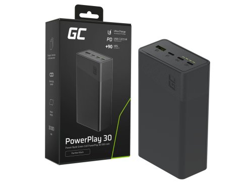Greencell PowerPlay 30 - svart powerbank med 30 000mAh, 22,5W, 4 portar