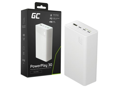 Greencell PowerPlay 30 - vit powerbank med 30 000mAh, 22,5W, 4 portar